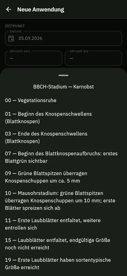 Auswahl des BBCH-Stadiums für Kernobst auf dem Smartphone, im Klartext von der Vegetationsruhe bis zu den ersten Laubblättern.