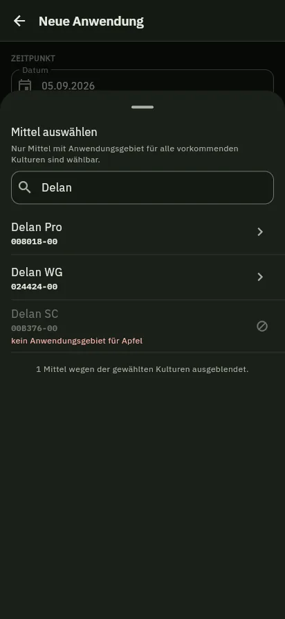 Mittelauswahl auf dem Smartphone: Suche nach „Delan“, ein Mittel ist ausgegraut mit dem Hinweis „kein Anwendungsgebiet für Apfel“.