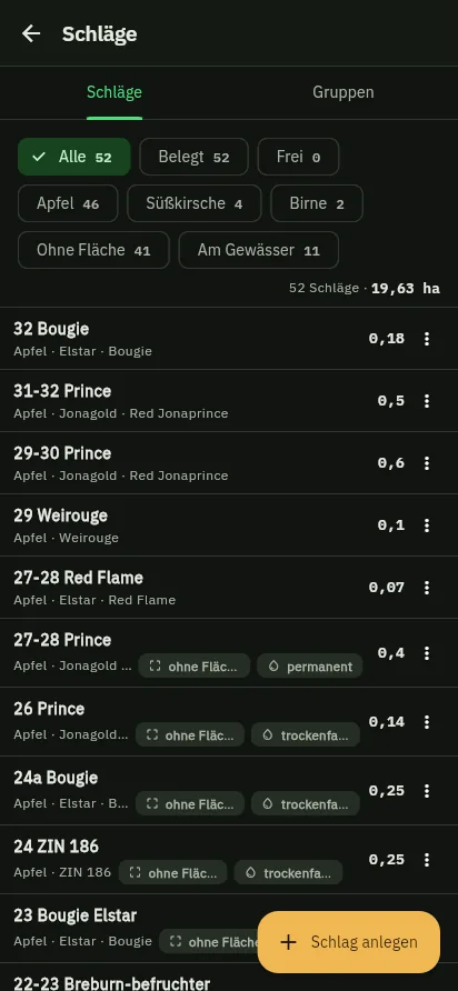Schlagliste auf dem Smartphone mit Filterchips und den Schlägen samt Sorte und Fläche.