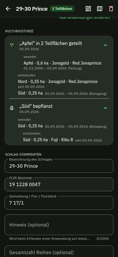 Kulturhistorie eines Schlags auf dem Smartphone: eine Teilung in zwei Teilflächen, darunter die Neubepflanzung einer Teilfläche.